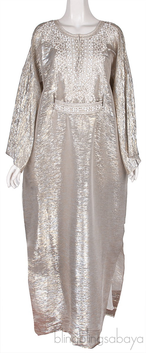 Silver Metallic Beaded Kaftan Dress