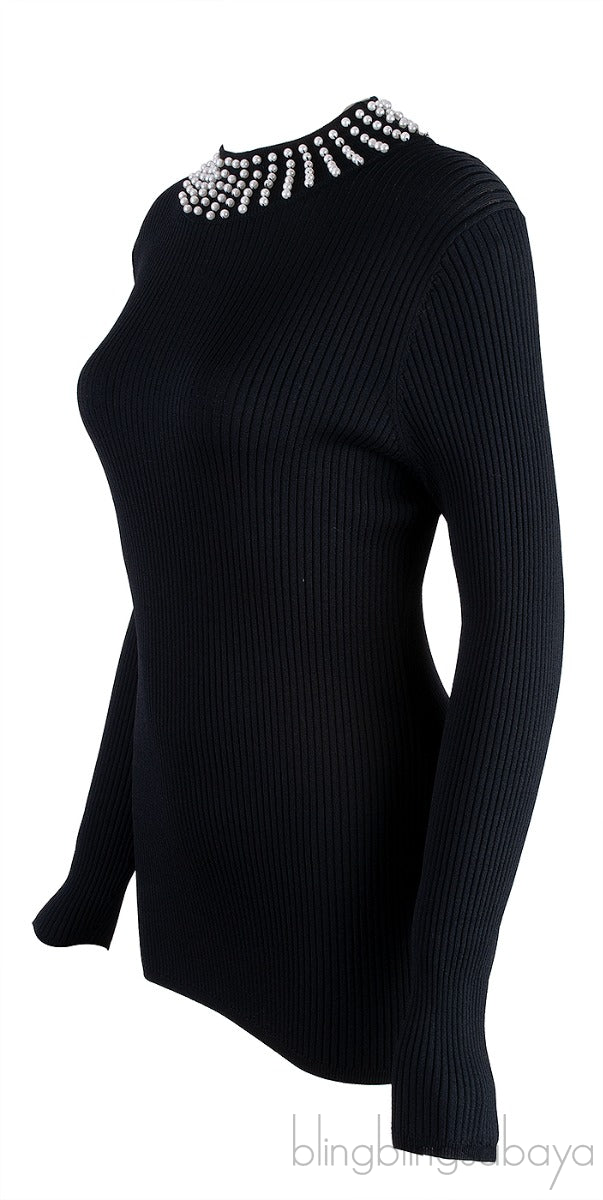 Black Knitted Pearl Embellished Top