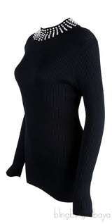 Black Knitted Pearl Embellished Top