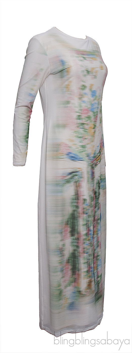 Blurred Print Mesh Long Tube Dress