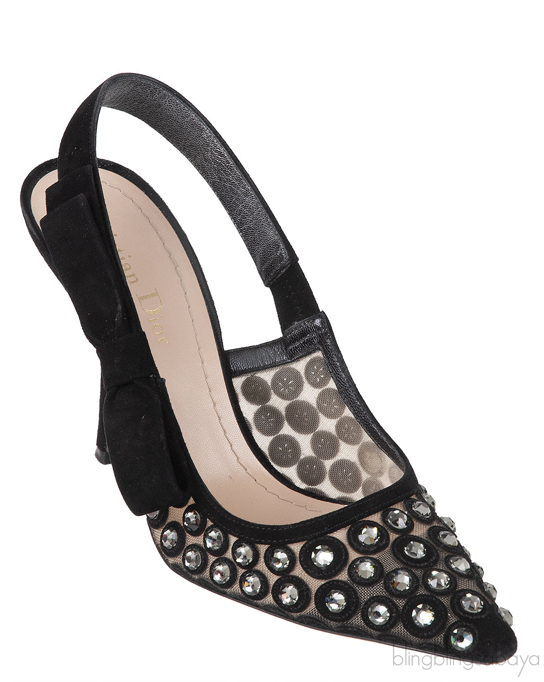 Black Suede Mesh Strass Pointed Toe Heels