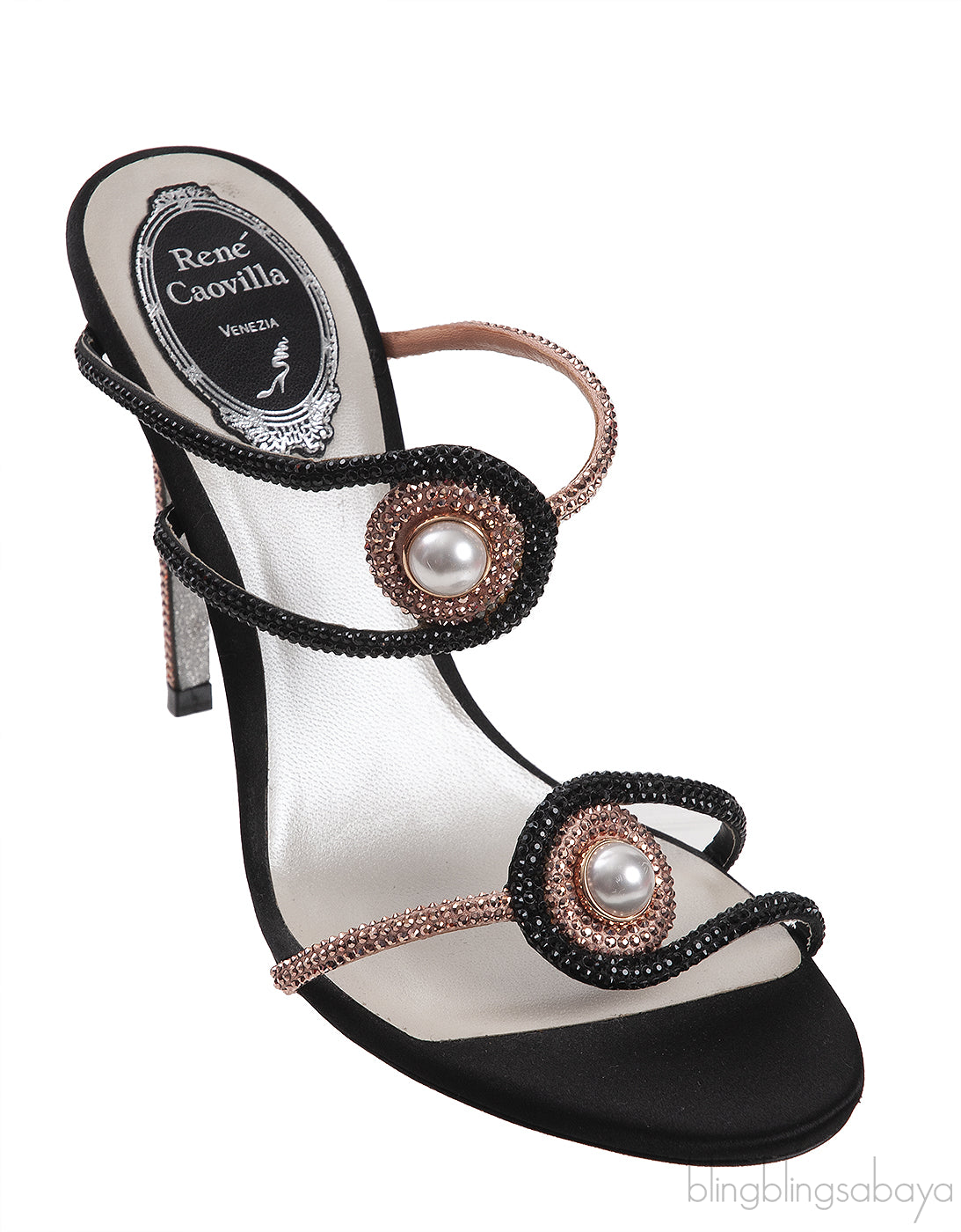 Rene Caovilla Pearl & Rose Gold Crystal Black Satin Sandals