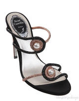 Rene Caovilla Pearl & Rose Gold Crystal Black Satin Sandals