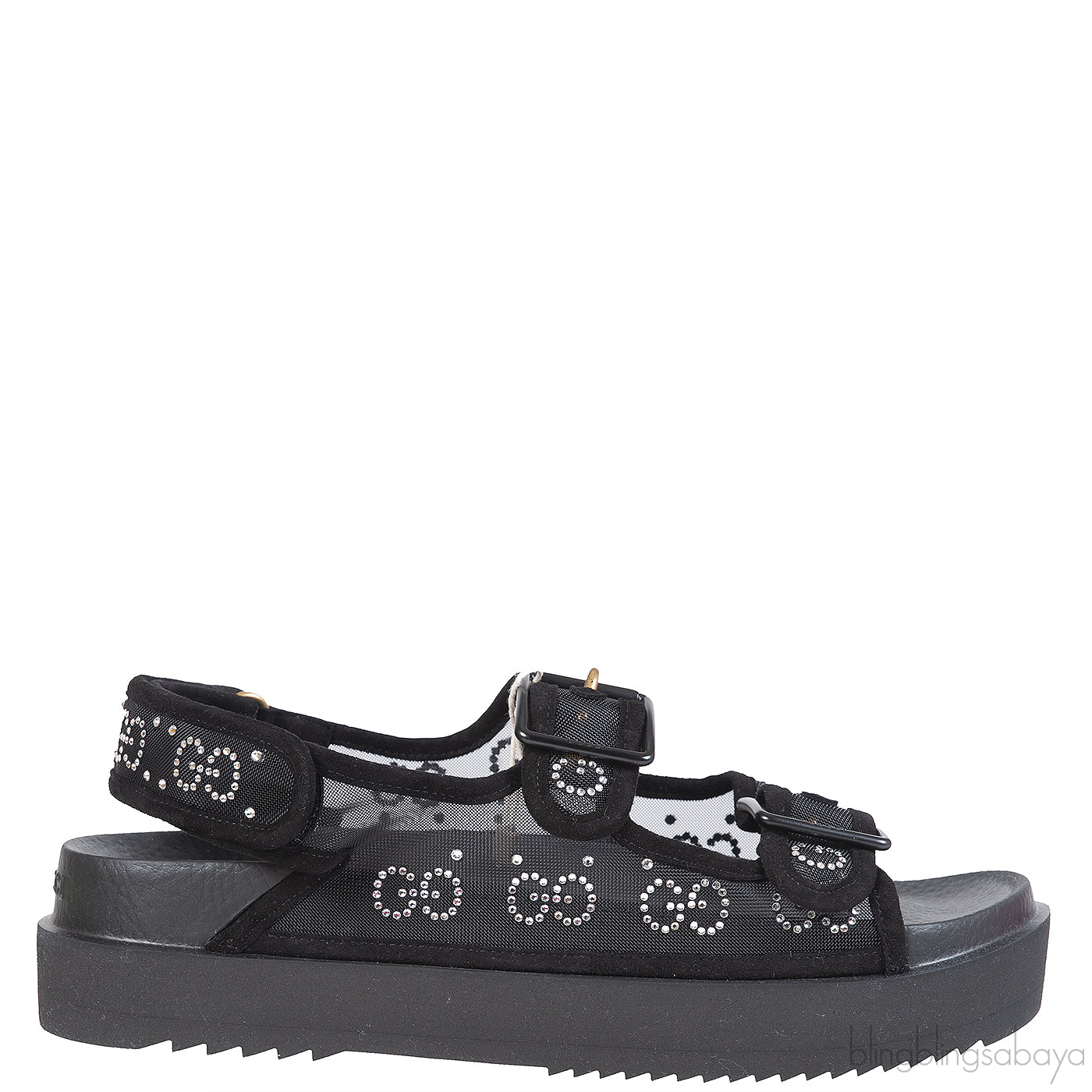 Gucci Black Crystal Embellished Monogram Pattern Sandals