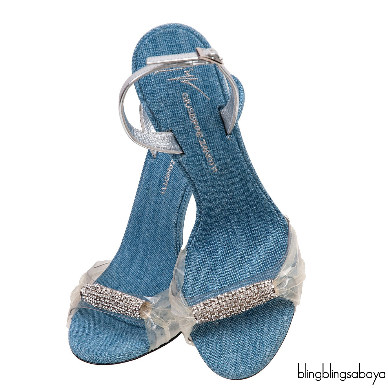 Blue Denim Crystal PVC Slingback Heels