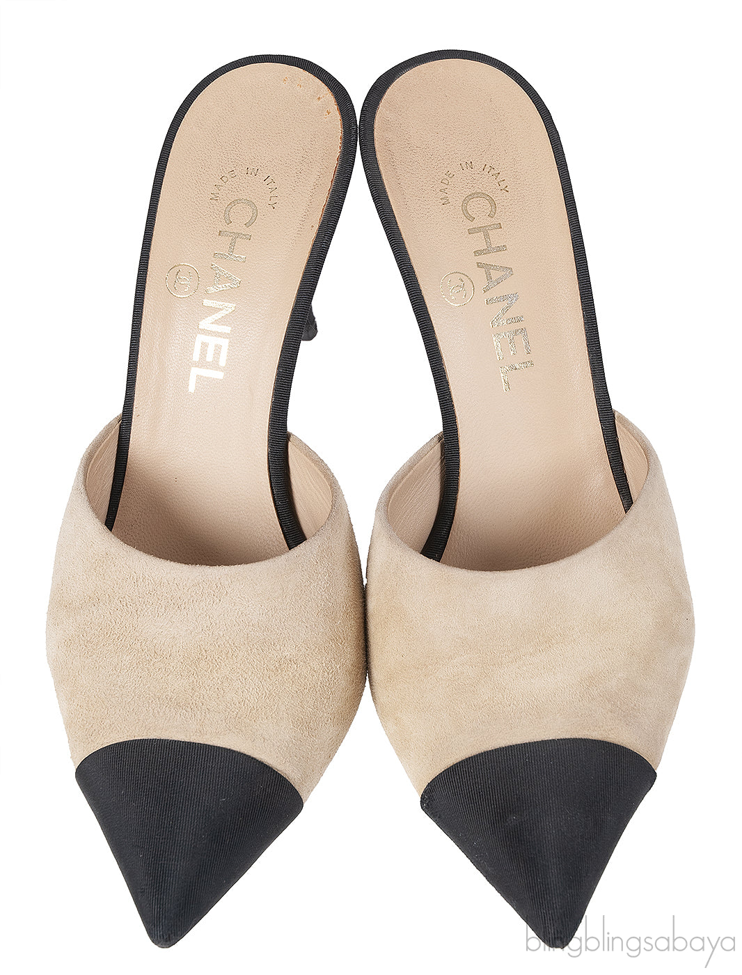 CHANEL BEIGE AND BLACK SUEDE POINTED MULE