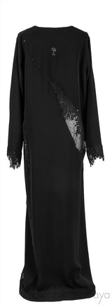 Black Beaded & Lace Trim Abaya
