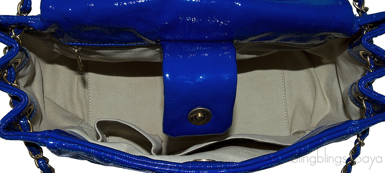 Blue Patent Puzzle Quilted Flap Bag