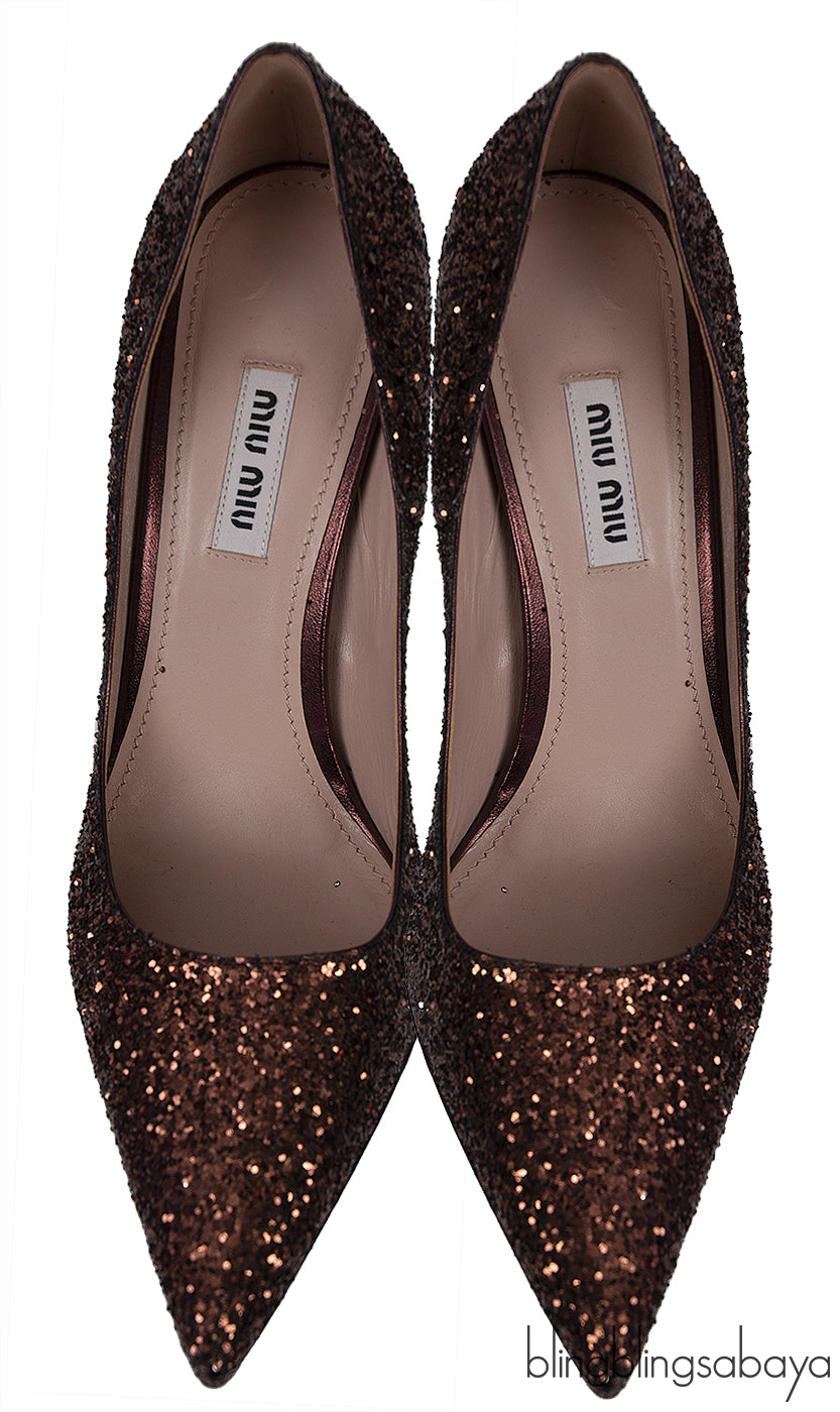 Bronze Glitter Pointed Toe Crystal Embellished Heels