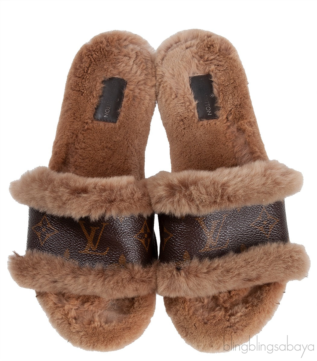 Cognac Monogram Mink Fur Slides