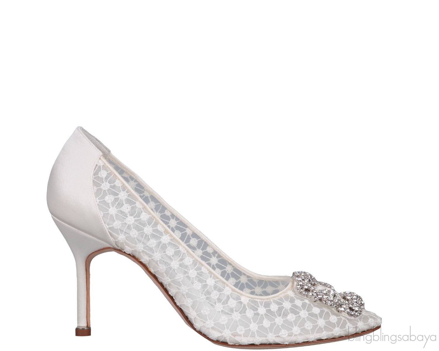 Hangisi White Embroidered Mesh Crystal Heels