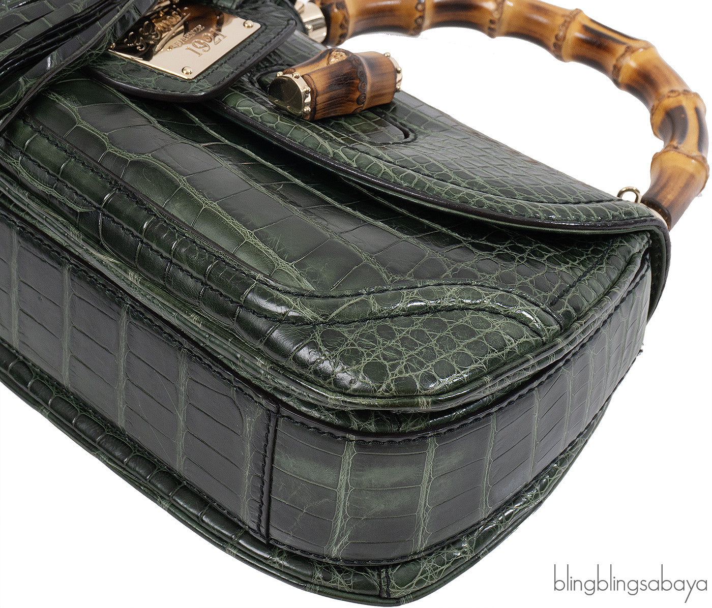 Gucci Forest Green Medium Crocodile Bamboo Top Handle Bag