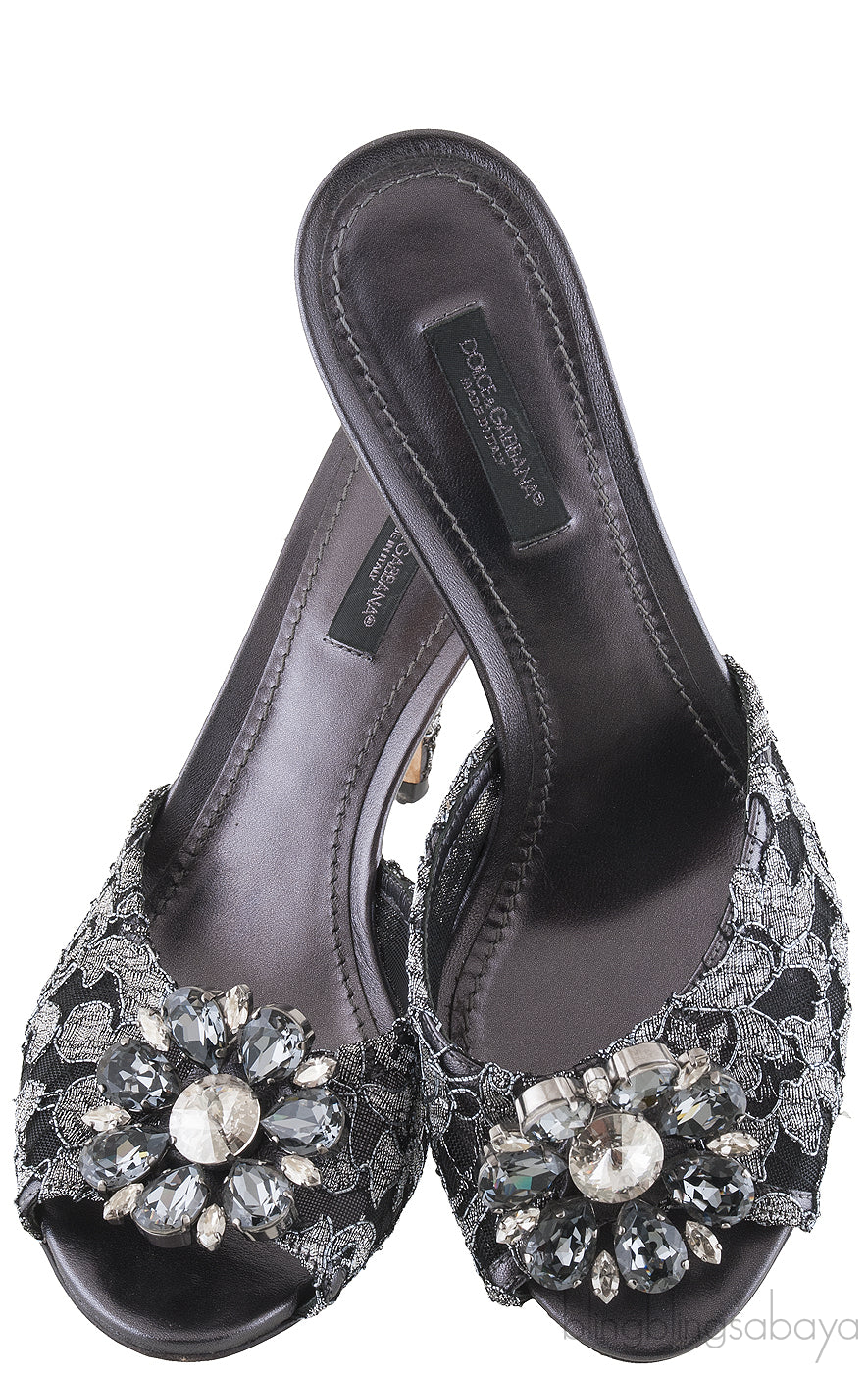 Grey Lace Crystal Vamp Slip-on Sandals