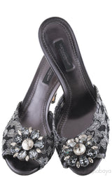 Grey Lace Crystal Vamp Slip-on Sandals