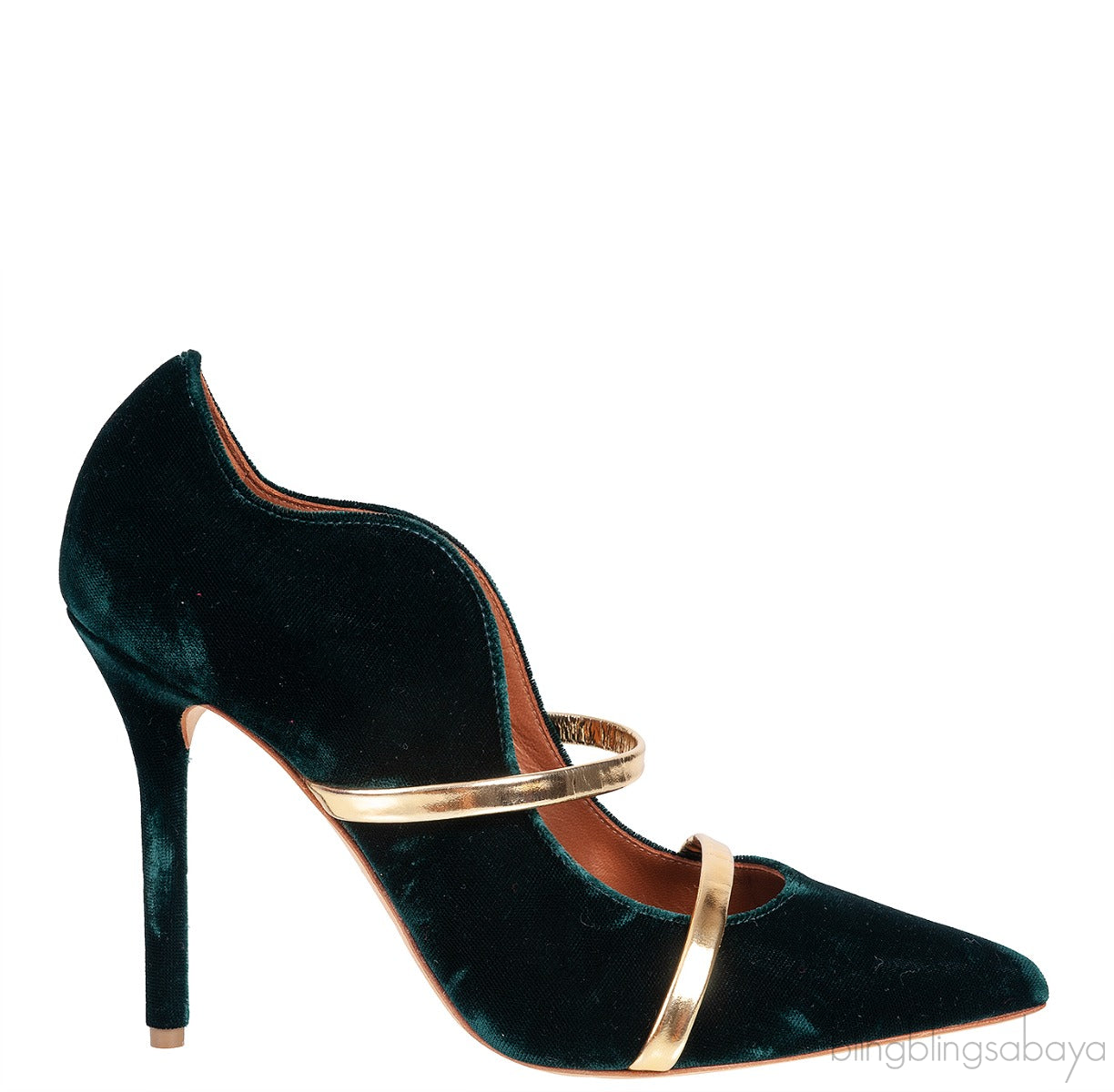 Maureen Emerald Velvet Gold Leather Trimmed Heels