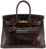 Birkin 35 Brown Patent Porosus GHW