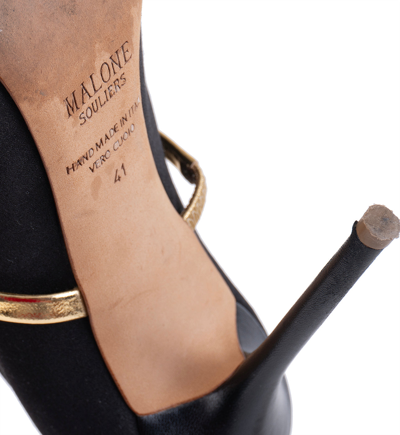 Malone Souliers Maureen Black Satin Gold Heels 41