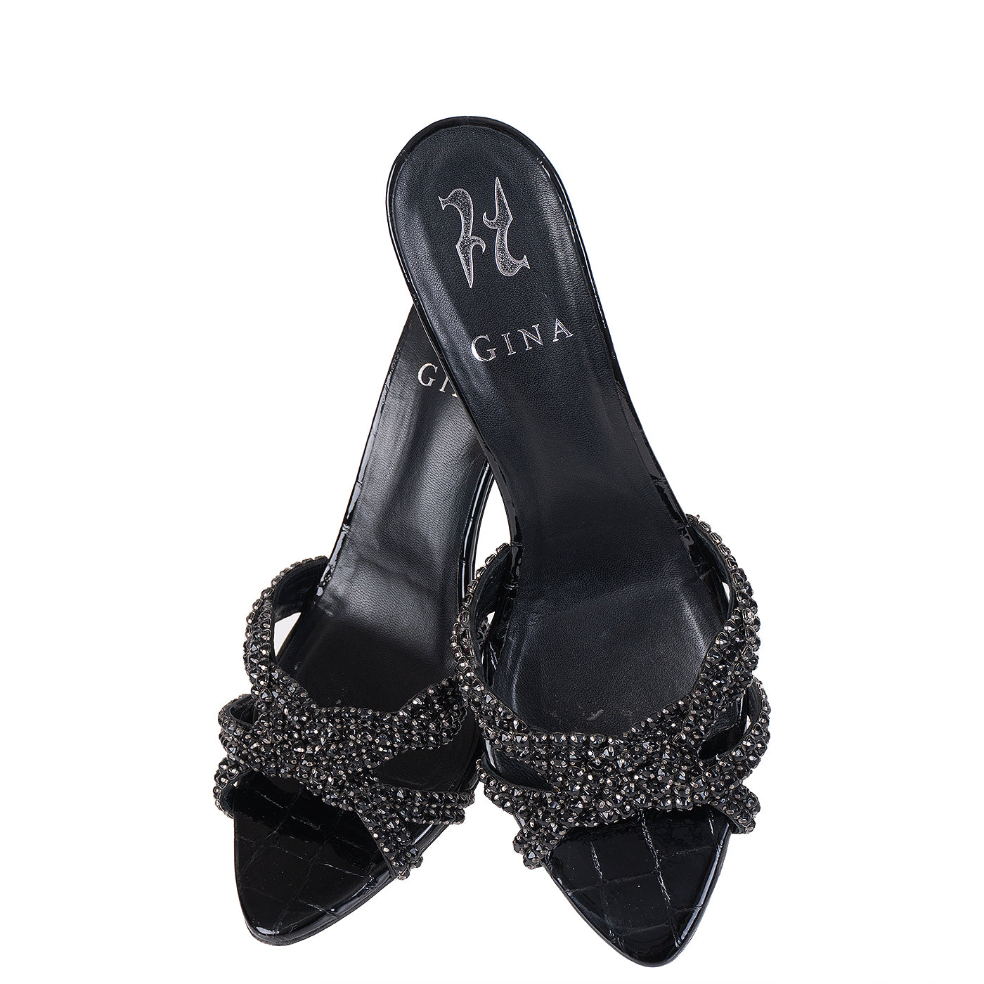 Gina Black Crystal Croc Embossed Sandals 36