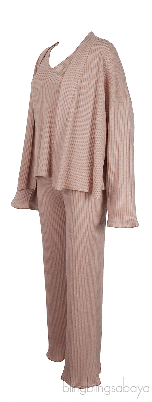 Pink Cashmere Silk Blend Cardigan, Top & Wide Leg Set