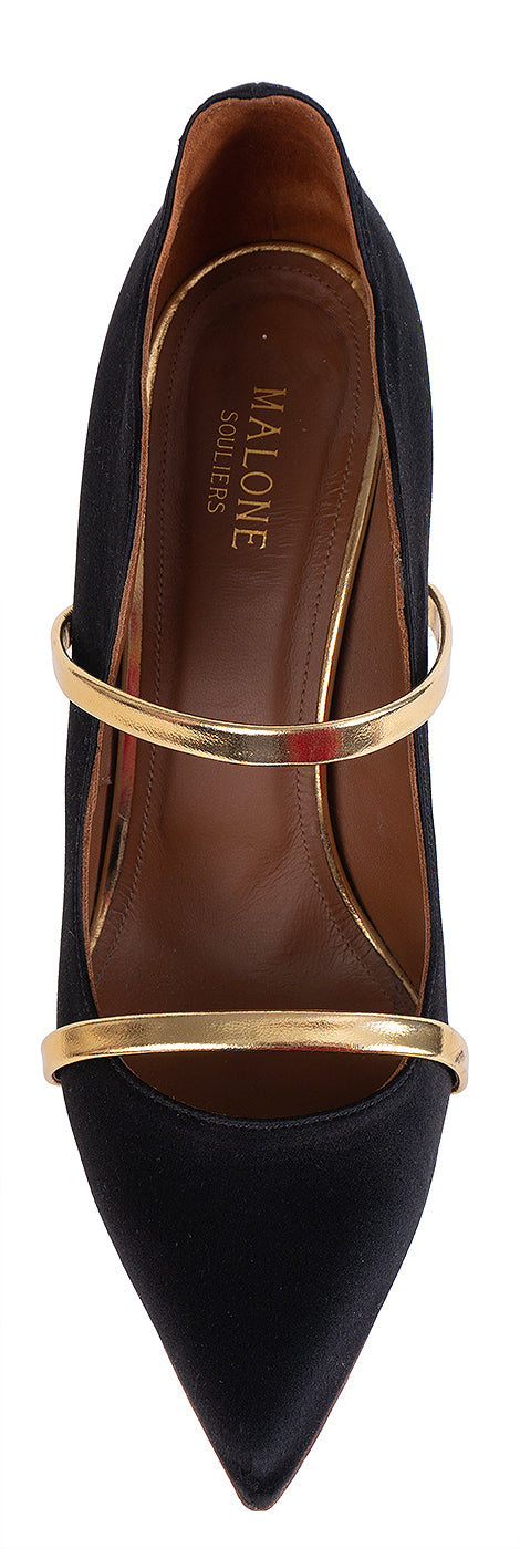 Malone Souliers Maureen Black Satin Gold Heels 41
