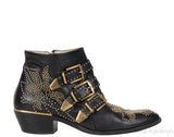 Black Leather Metal Beads Strappy Boots