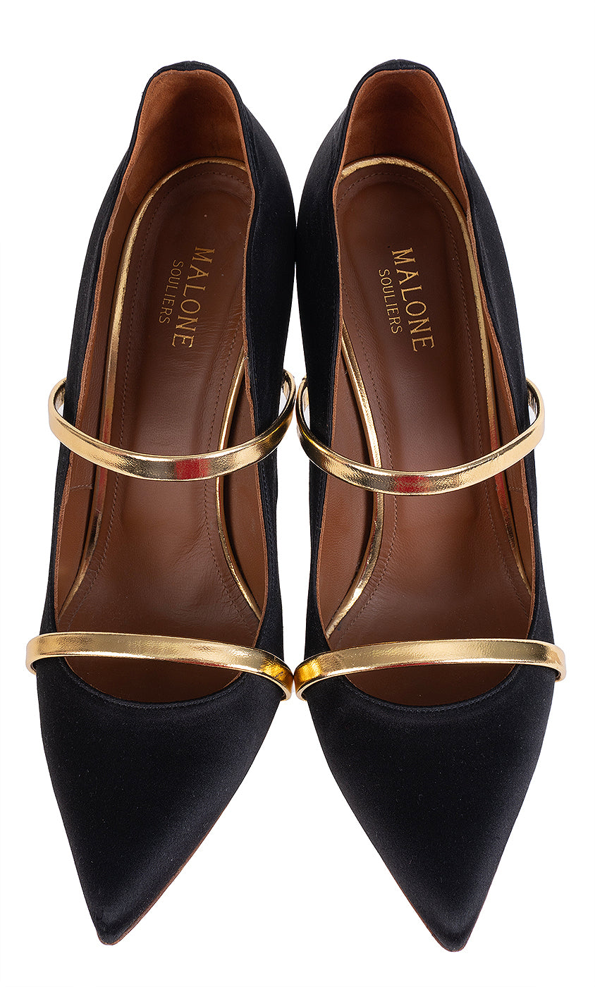 Malone Souliers Maureen Black Satin Gold Heels 41