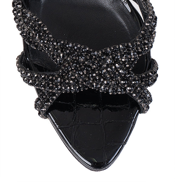 Gina Black Crystal Croc Embossed Sandals 36