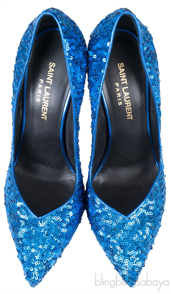 Blue Sequined Pointed Toe Heels
