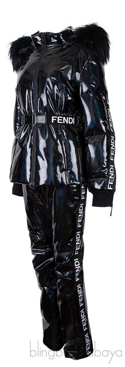Black Holographic Fur-trimmed Down Ski Jacket & Trouser Set