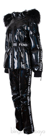 Black Holographic Fur-trimmed Down Ski Jacket & Trouser Set