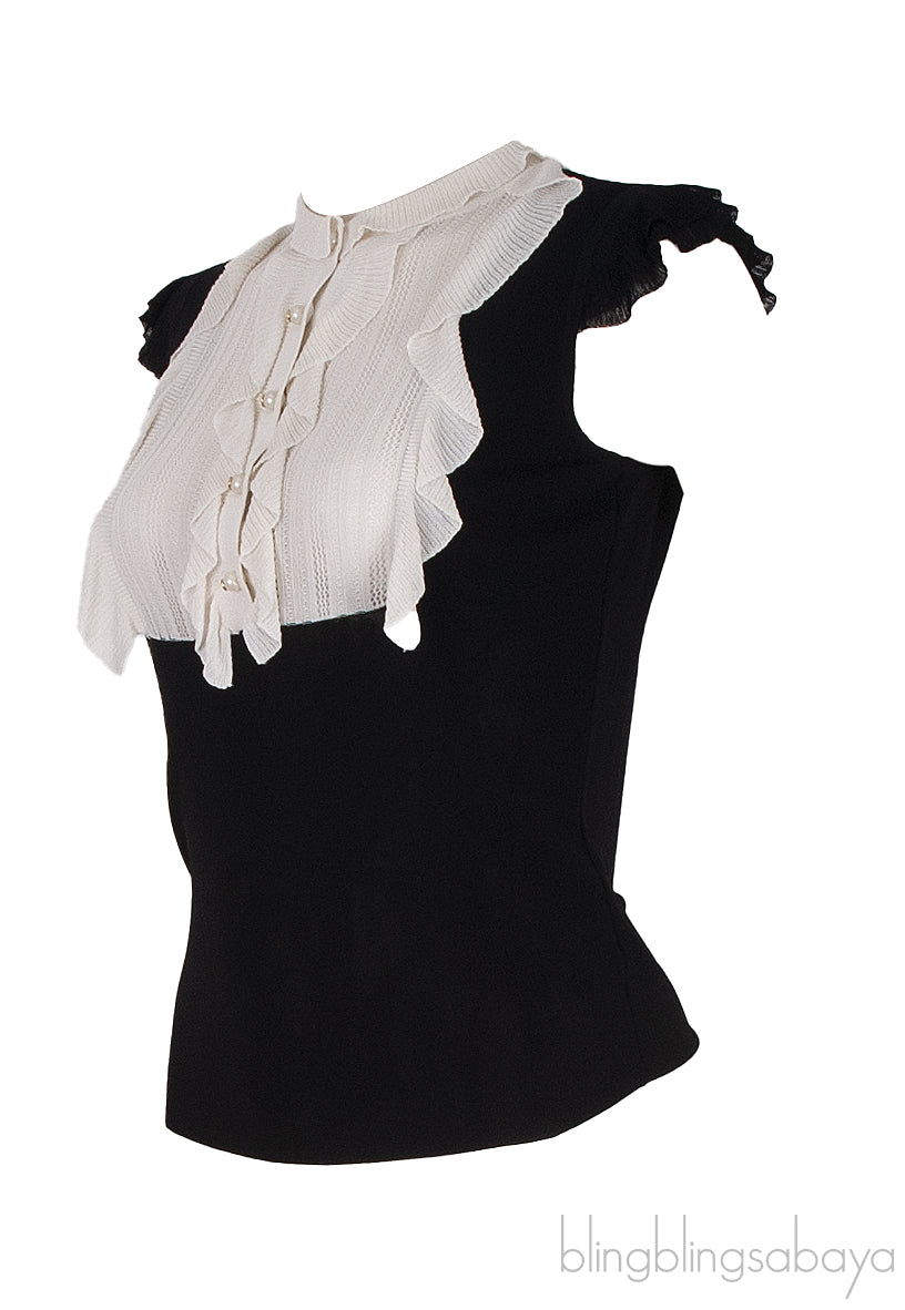 Black and White Ruffle Trim Blouse