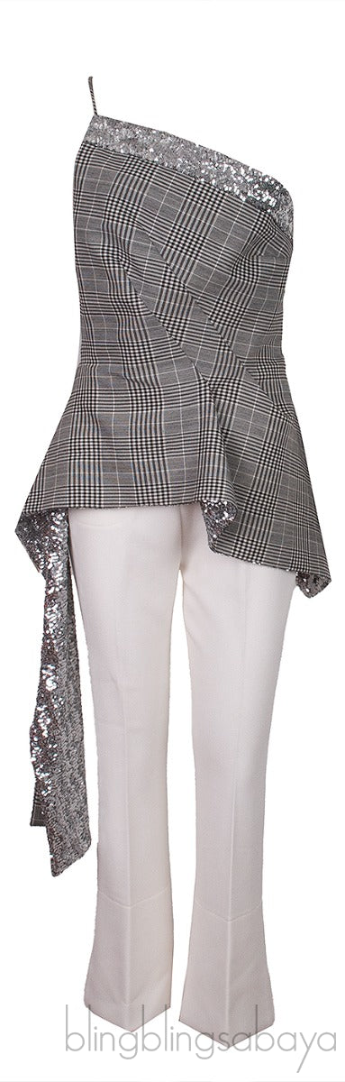Checkered Sequin Embellished Top & White Trouser