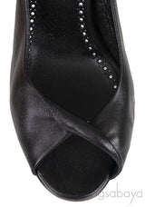 Black Leather Twisted Vamp Peep Toe Mule