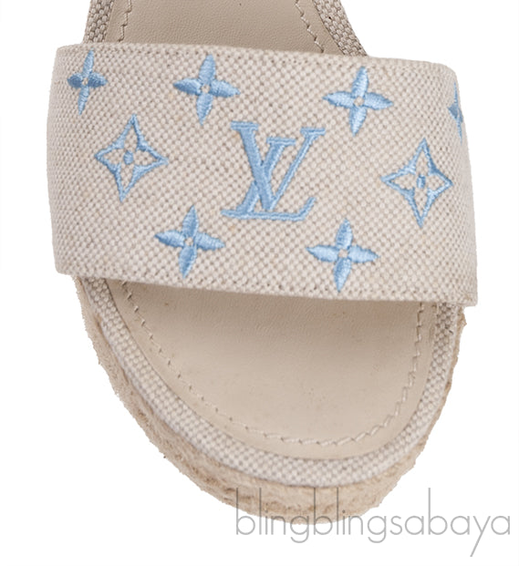 Light Blue/Beige Canvas Monogram Starboard Espadrille Wedge Sandals