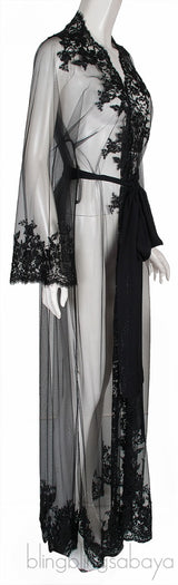 Black Mesh Lace Trim Robe