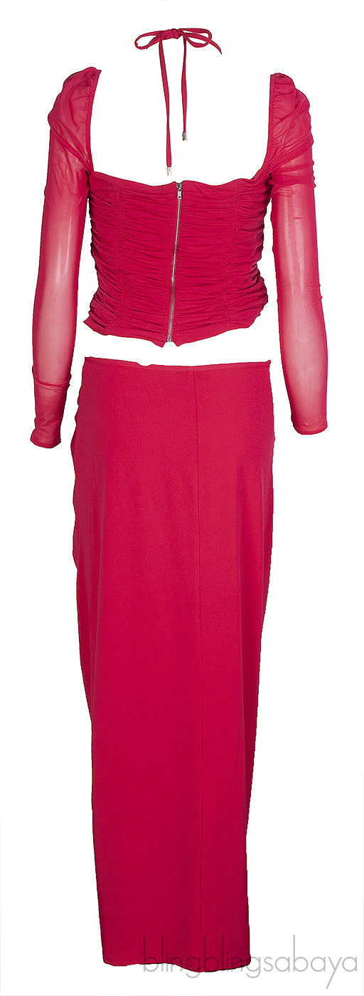 Self-Portrait Fuchsia Pink Jersey Cut out Top & Ruched Skirt