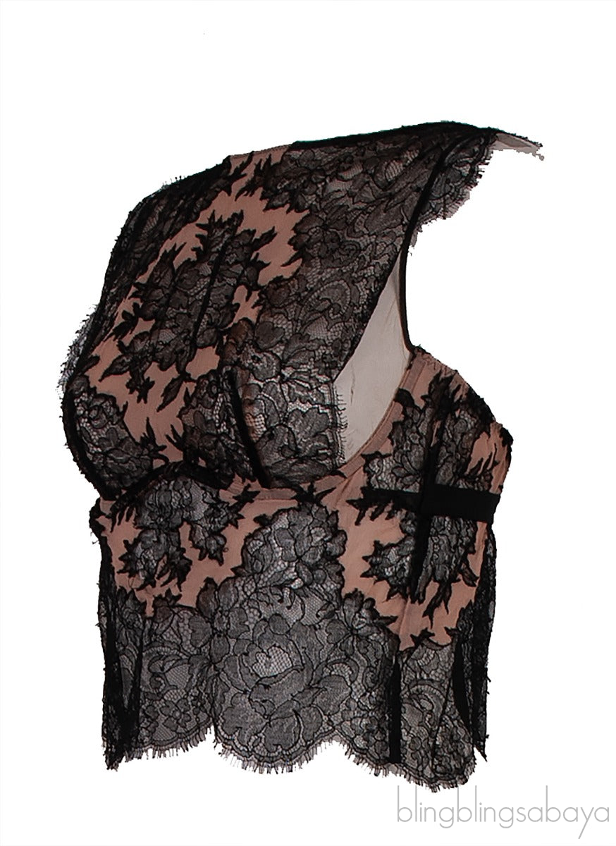 Black Floral Lace Nude Crop Top