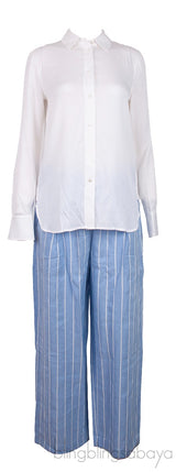 White Shirt & High Waist Stripe Wide Leg Trouser