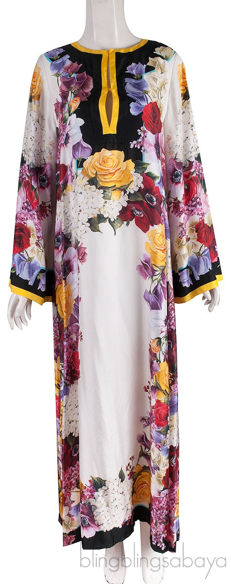 Yellow Trim Floral Printed Kaftan Dress