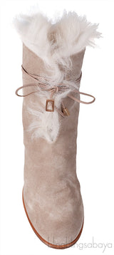 Grey Fur Trim Lace Ankle Boots