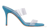 Manolo Blahnik Teal Blue Suede & Clear Eco PVC Scolto Open Toe Mules