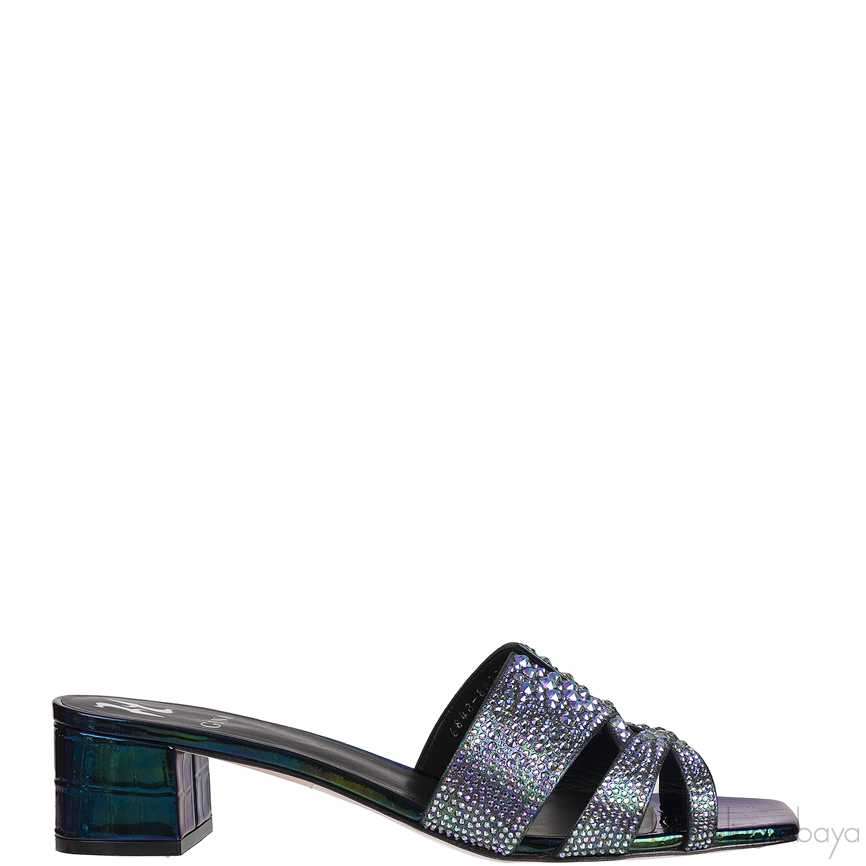 Gina Petrol Patent Croc Embossed Crystal Heeled Sandals