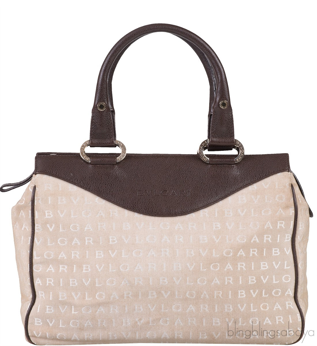 Logomania Beige Canvas Brown Leather Trim Bag