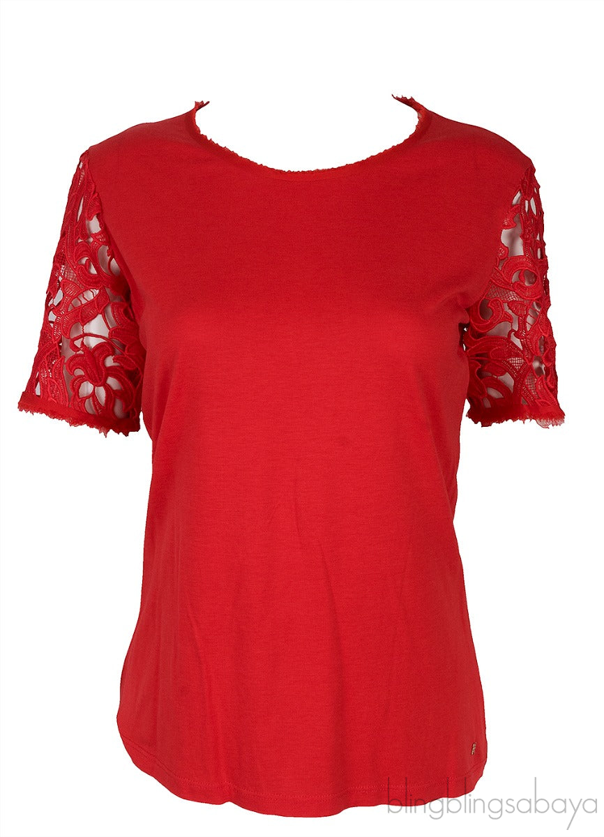 Red T-shirt with Lace Sleeves