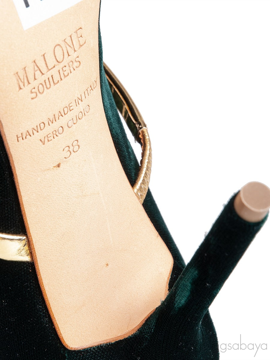 Maureen Emerald Velvet Gold Leather Trimmed Heels