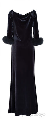 Grey Velvet Fur Trim Cuff Dress