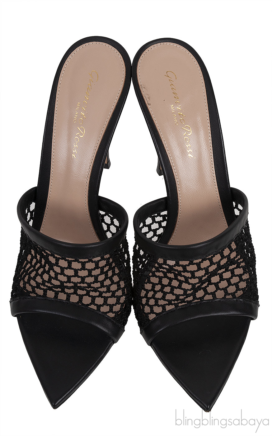 Black Leather Trimmed Fishnet Mules
