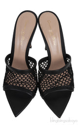 Black Leather Trimmed Fishnet Mules
