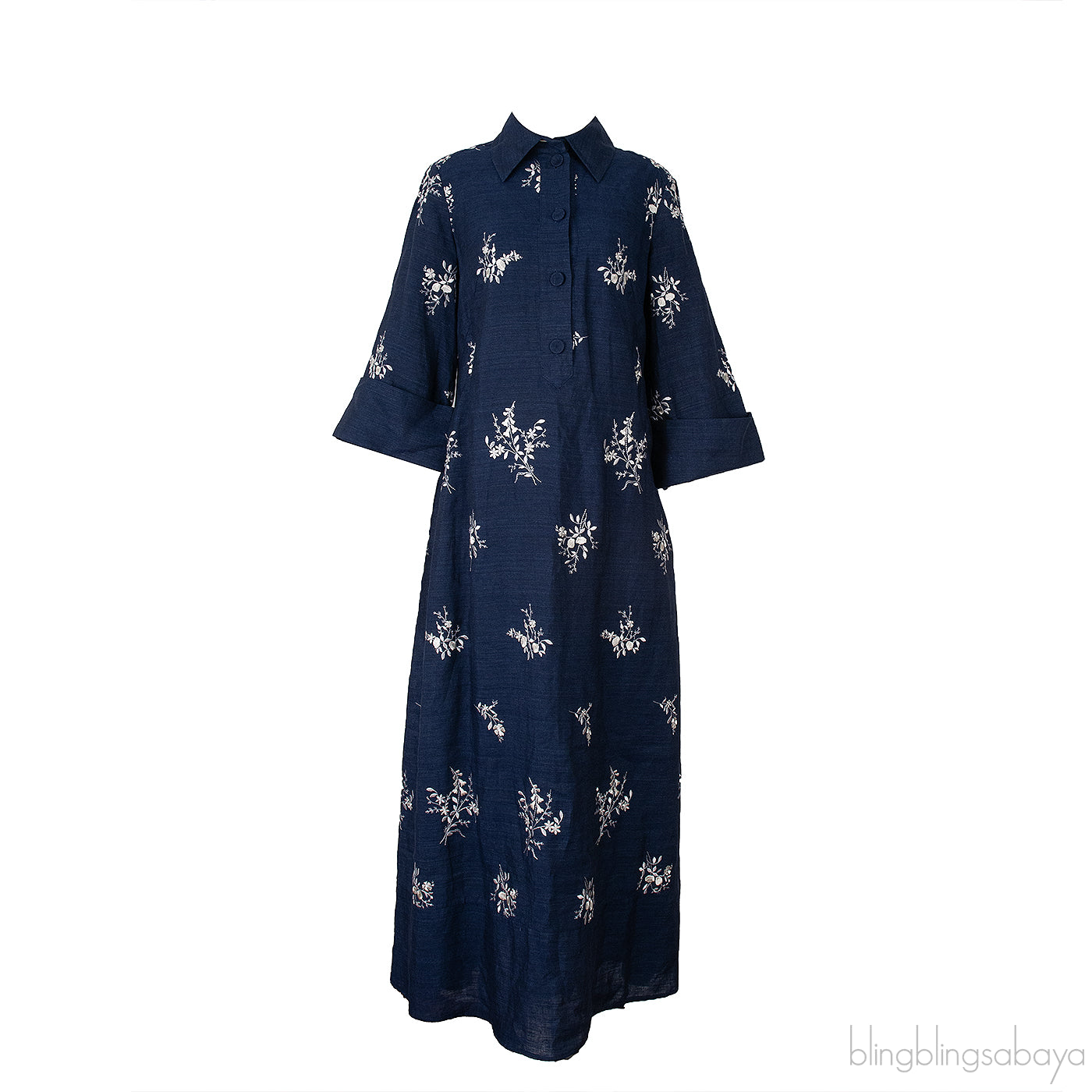 Blue Denim Floral Embroidered Dress