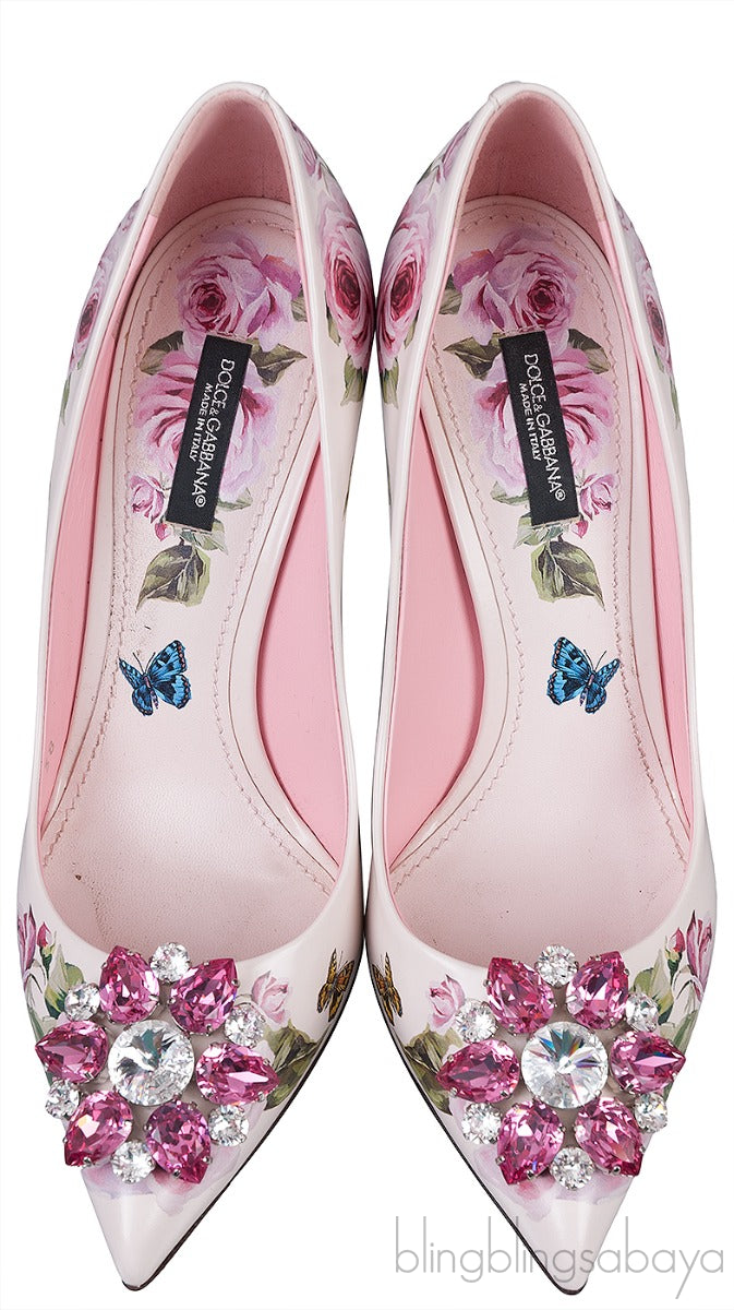 Jeweled Floral Print Leather Heels